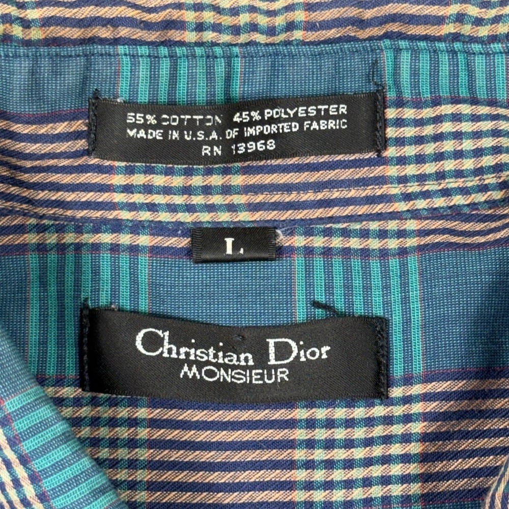 Christian Dior Monsieur Button Up Mens L Teal Plaid Vintage Designer Shirt USA - Picture 2 of 9